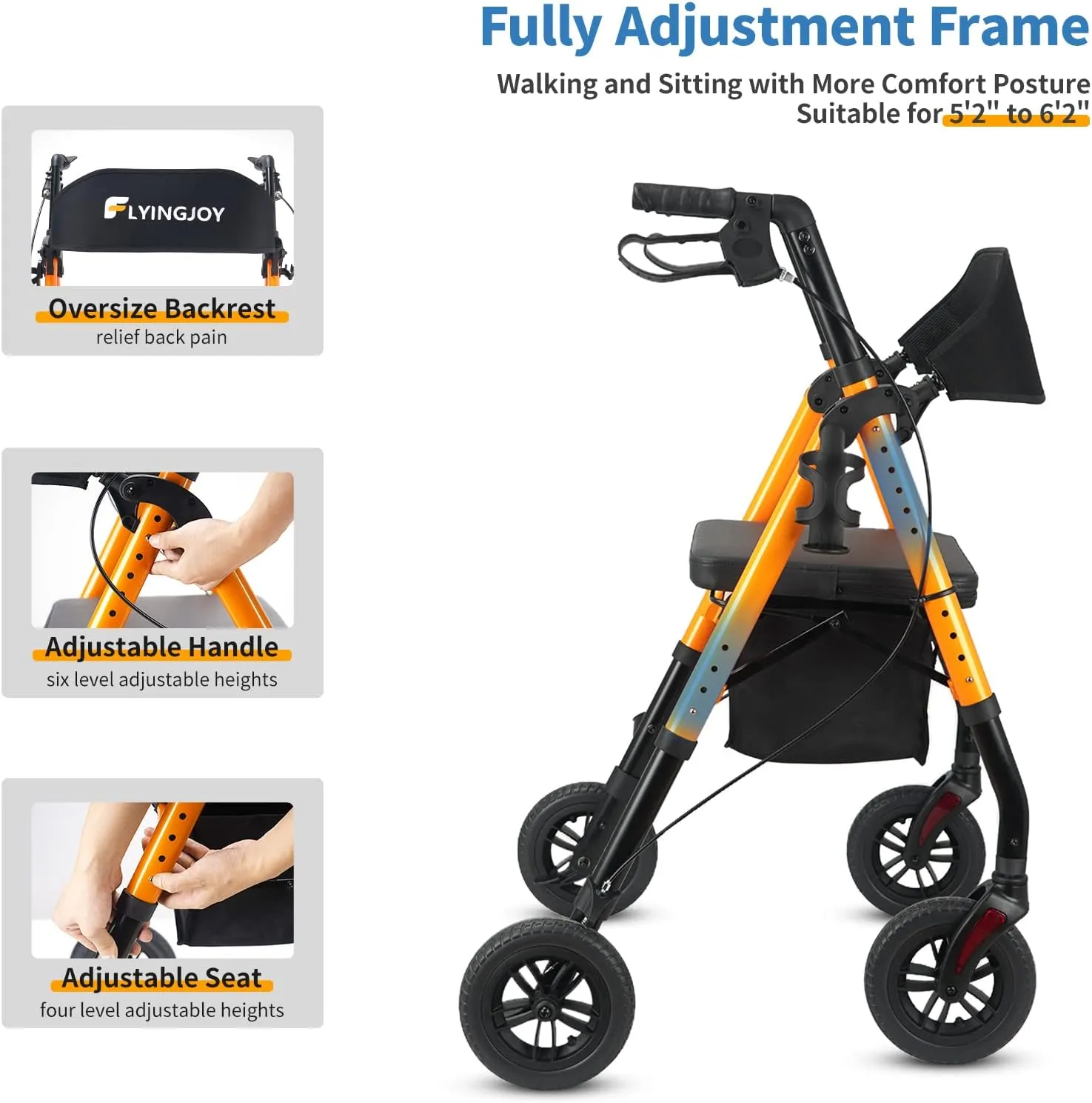 Rollator Walker with Seat and Brakes, 300 lbs Adults Bariatric Walker for Seniors with Extra Wide Backrest, Lightweight Folding Adjustable Height, All Terrain Rolling Walker 8 Inch 4 Wheels