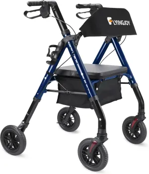 Rollator Walker with Seat and Brakes, 300 lbs Adults Bariatric Walker for Seniors with Extra Wide Backrest, Lightweight Folding Adjustable Height, All Terrain Rolling Walker 8 Inch 4 Wheels