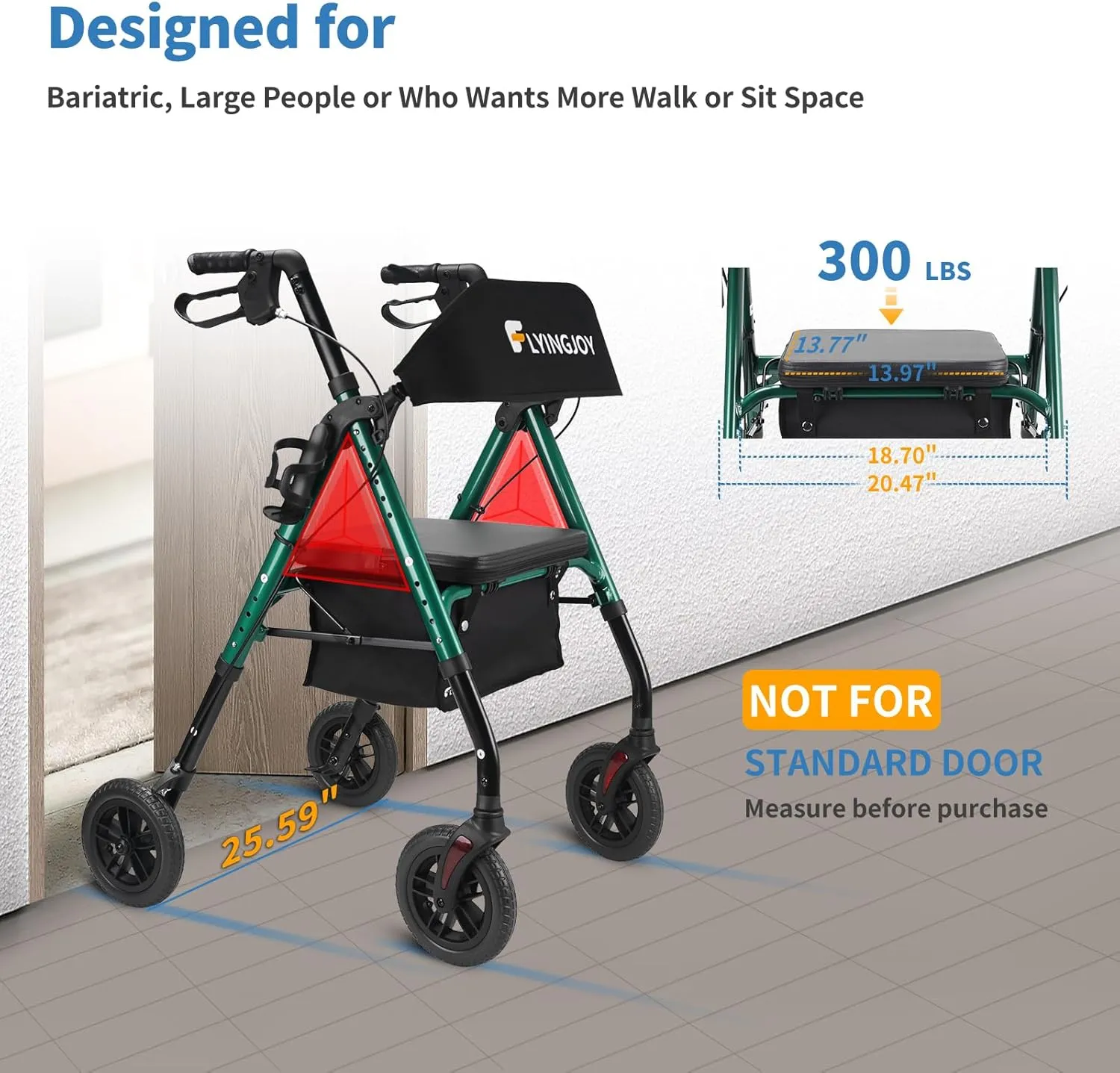 Rollator Walker with Seat and Brakes, 300 lbs Adults Bariatric Walker for Seniors with Extra Wide Backrest, Lightweight Folding Adjustable Height, All Terrain Rolling Walker 8 Inch 4 Wheels