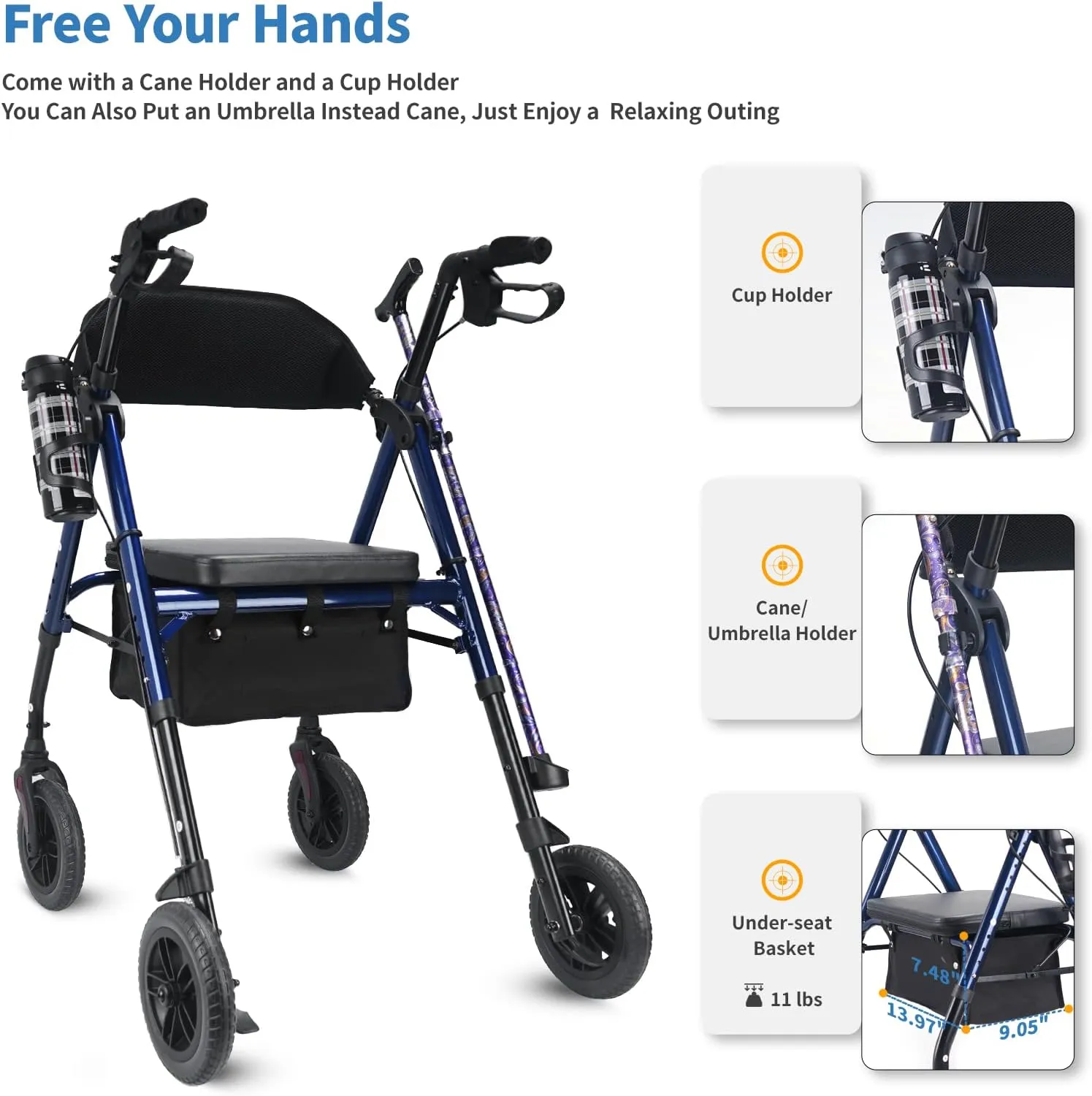 Rollator Walker with Seat and Brakes, 300 lbs Adults Bariatric Walker for Seniors with Extra Wide Backrest, Lightweight Folding Adjustable Height, All Terrain Rolling Walker 8 Inch 4 Wheels