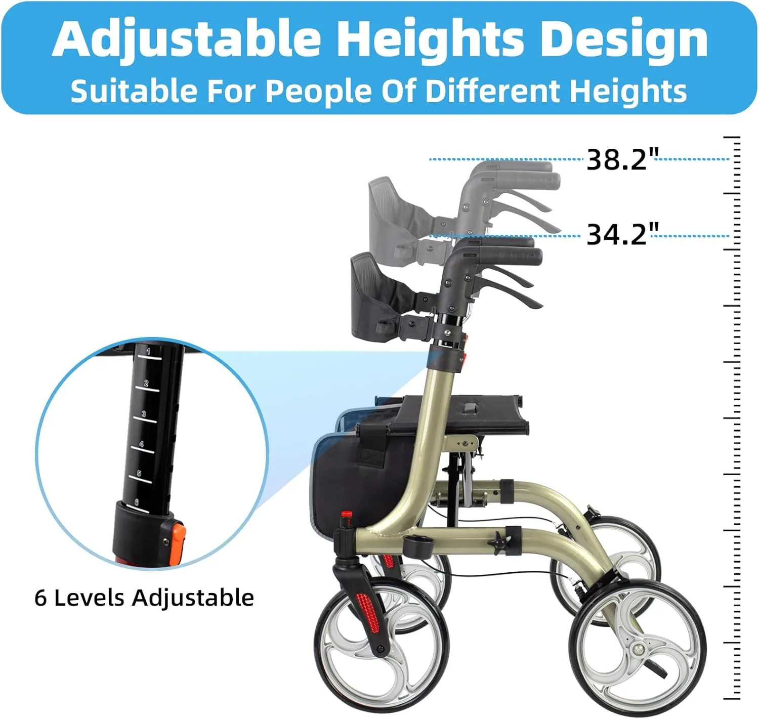 Rollator Walkers for Seniors-Folding Rollator Walker with Seat and Four 10inch Wheels-Medical Rolling Walker with Comfort Handles and Thick Backrest-Lightweight Aluminium Frame Champagne