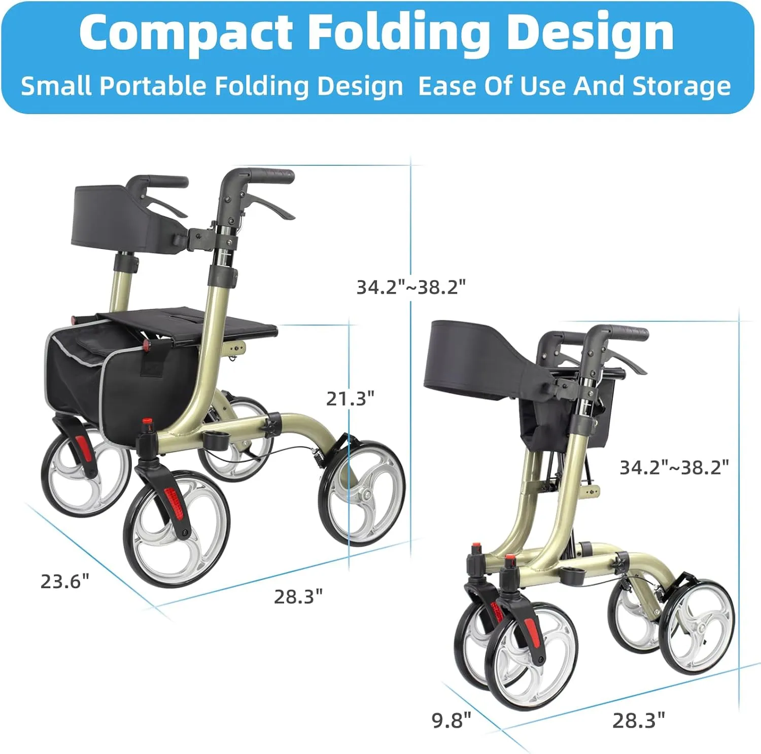 Rollator Walkers for Seniors-Folding Rollator Walker with Seat and Four 10inch Wheels-Medical Rolling Walker with Comfort Handles and Thick Backrest-Lightweight Aluminium Frame Champagne