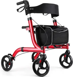 Rollator Walkers for Seniors-Folding Rollator Walker with Seat and Four 8-inch Wheels-Medical Rollator Walker with Comfort Handles and Thick Backrest-Lightweight Aluminium Frame Red