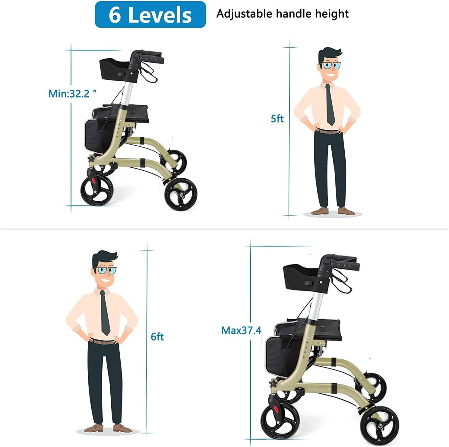 Rollator Walkers for Seniors-Folding Rollator Walker with Seat and Four 8-inch Wheels-Medical Rolling Walker with Comfort Handles and Thick Backrest-Lightweight Aluminium Frame, Champagne