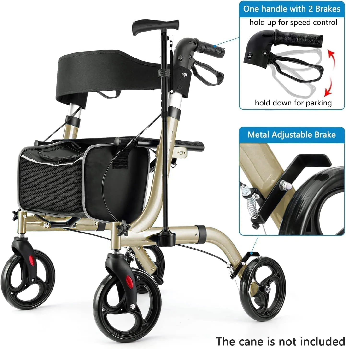 Rollator Walkers for Seniors-Folding Rollator Walker with Seat and Four 8-inch Wheels-Medical Rolling Walker with Comfort Handles and Thick Backrest-Lightweight Aluminium Frame, Champagne