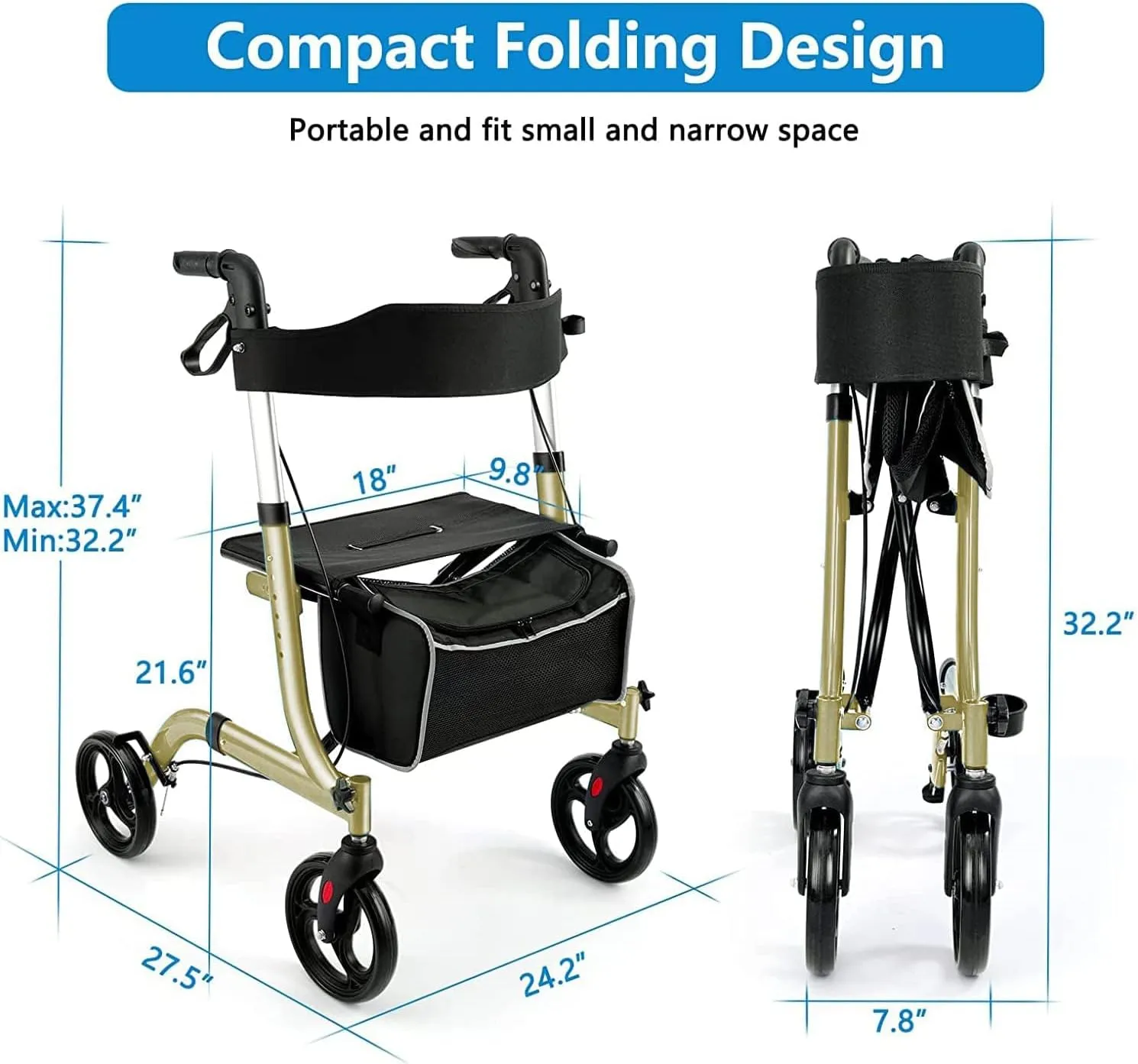 Rollator Walkers for Seniors-Folding Rollator Walker with Seat and Four 8-inch Wheels-Medical Rolling Walker with Comfort Handles and Thick Backrest-Lightweight Aluminium Frame, Champagne