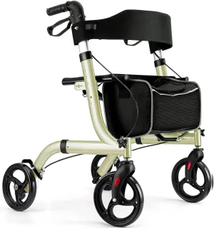 Rollator Walkers for Seniors-Folding Rollator Walker with Seat and Four 8-inch Wheels-Medical Rolling Walker with Comfort Handles and Thick Backrest-Lightweight Aluminium Frame, Champagne