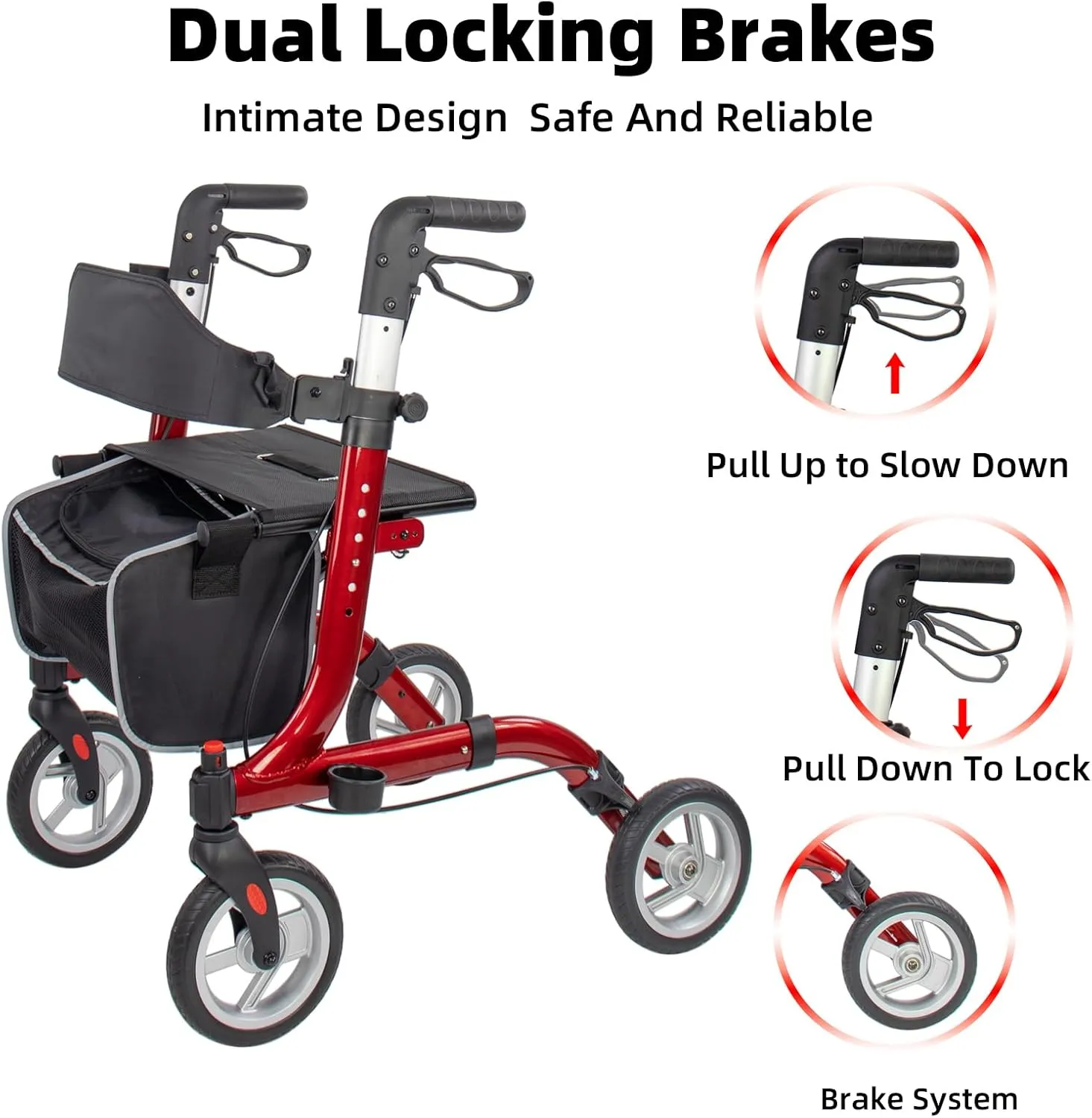Rollator Walkers for Seniors- Rollator Walker 8" TPU Wheels- with Cup Holder Easy Folding Senior Walker with Backrest- Lightweight Mobility Walking Aid for Adult Elderly, Aluminum Frame, Red