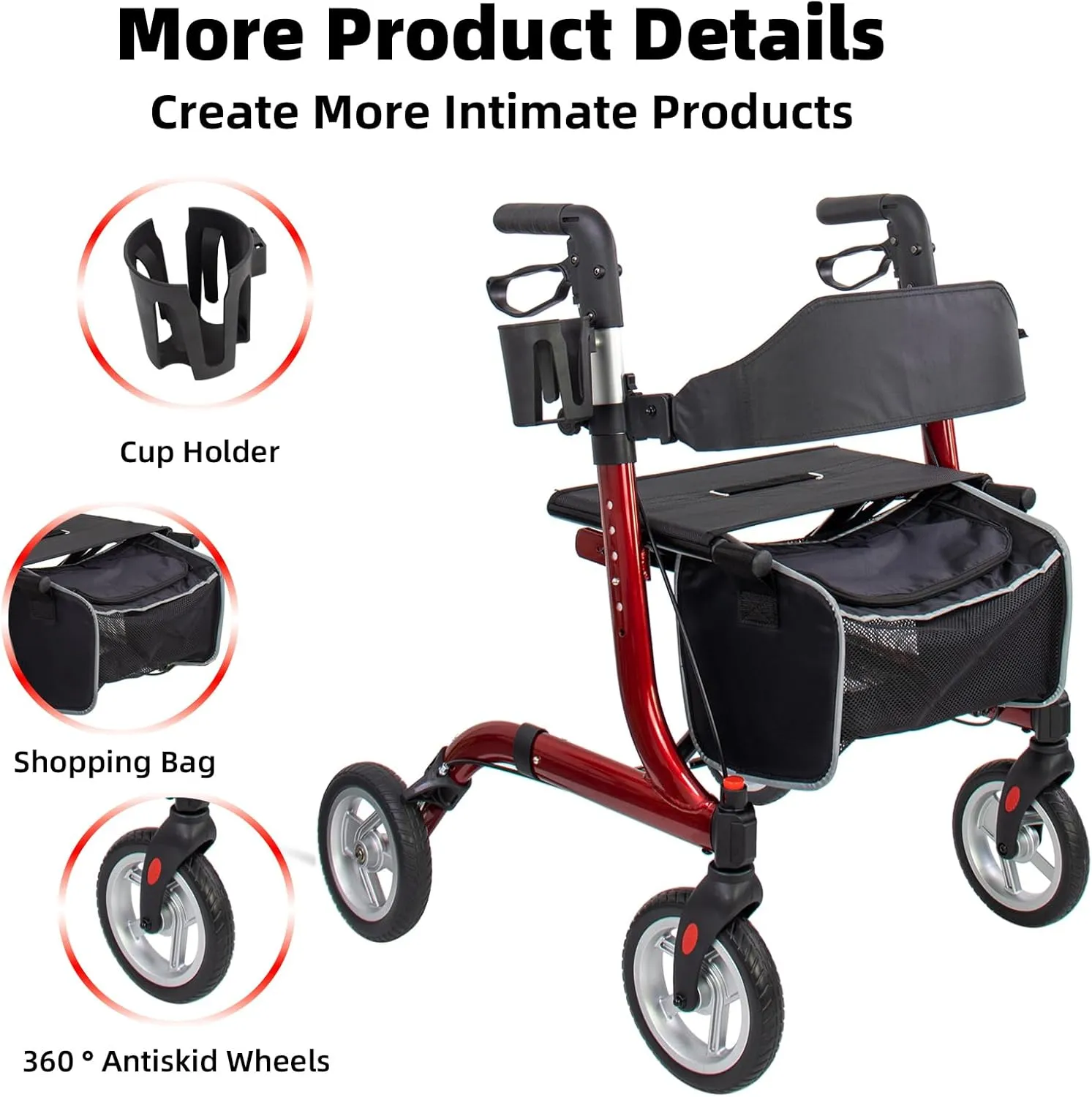Rollator Walkers for Seniors- Rollator Walker 8" TPU Wheels- with Cup Holder Easy Folding Senior Walker with Backrest- Lightweight Mobility Walking Aid for Adult Elderly, Aluminum Frame, Red