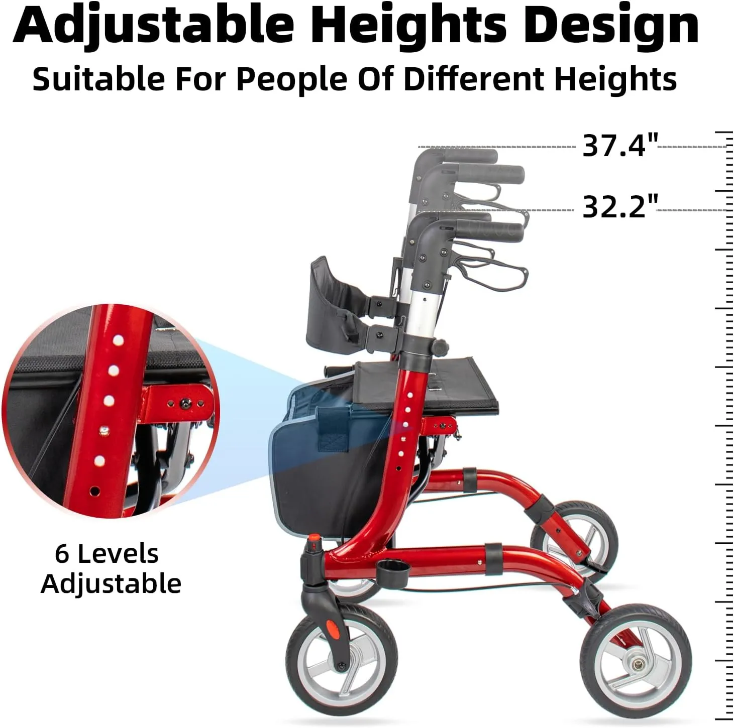 Rollator Walkers for Seniors- Rollator Walker 8" TPU Wheels- with Cup Holder Easy Folding Senior Walker with Backrest- Lightweight Mobility Walking Aid for Adult Elderly, Aluminum Frame, Red