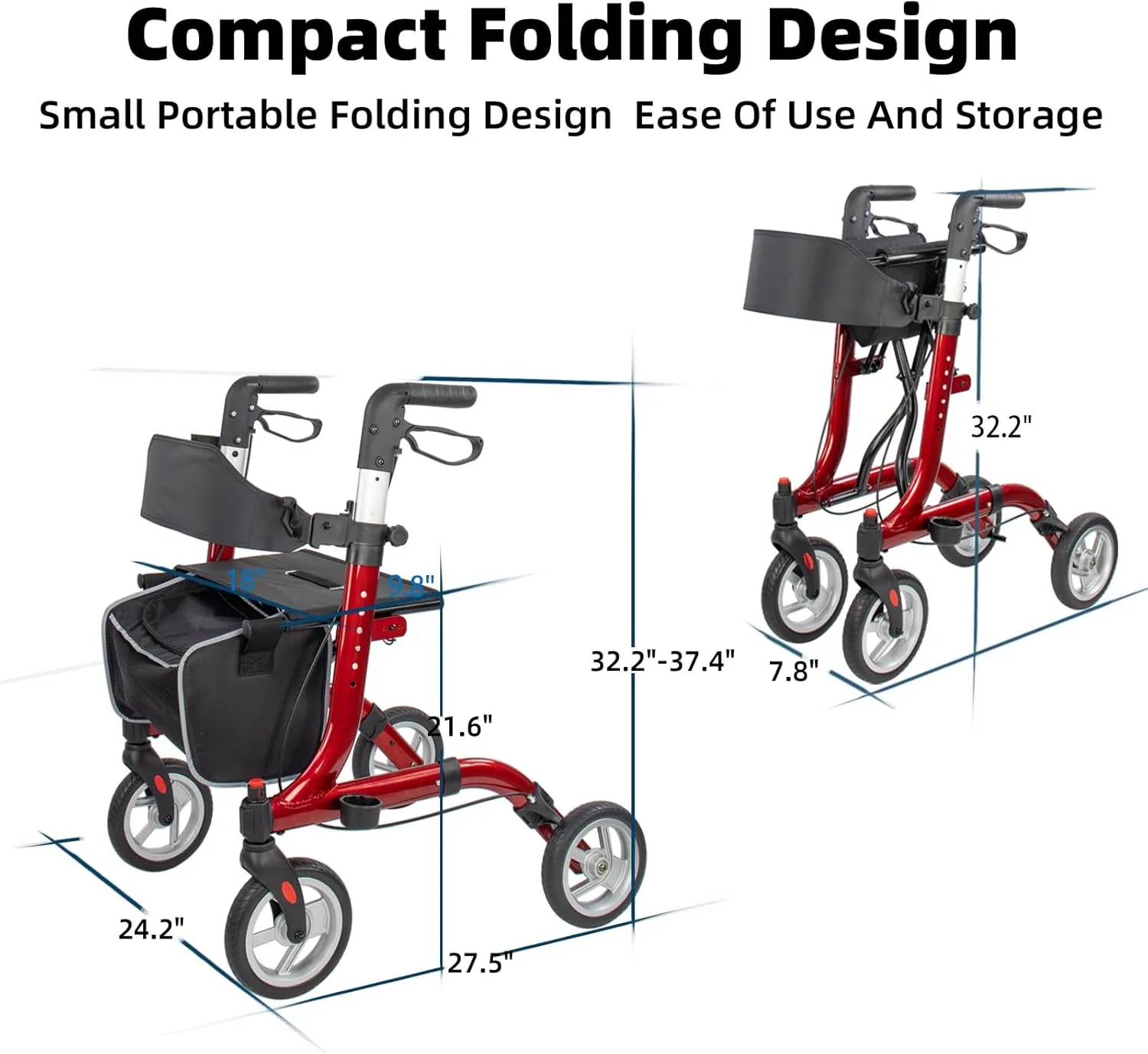 Rollator Walkers for Seniors- Rollator Walker 8" TPU Wheels- with Cup Holder Easy Folding Senior Walker with Backrest- Lightweight Mobility Walking Aid for Adult Elderly, Aluminum Frame, Red