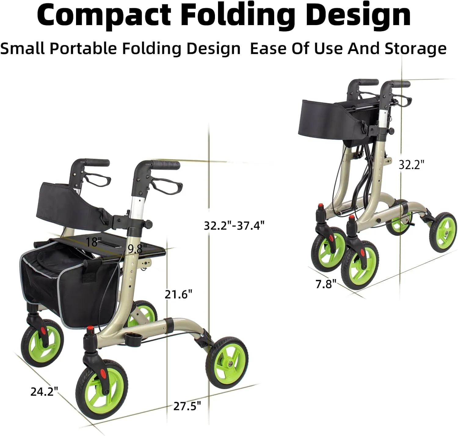 Rollator Walkers for Seniors- Rollator Walker with Cup Holder- Easy Folding Senior Walker with Backrest- Lightweight Mobility Walking Aid for Adult Elderly, Aluminum Frame, Champagne