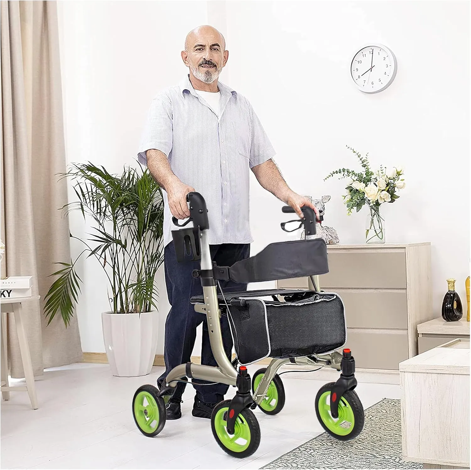 Rollator Walkers for Seniors- Rollator Walker with Cup Holder- Easy Folding Senior Walker with Backrest- Lightweight Mobility Walking Aid for Adult Elderly, Aluminum Frame, Champagne