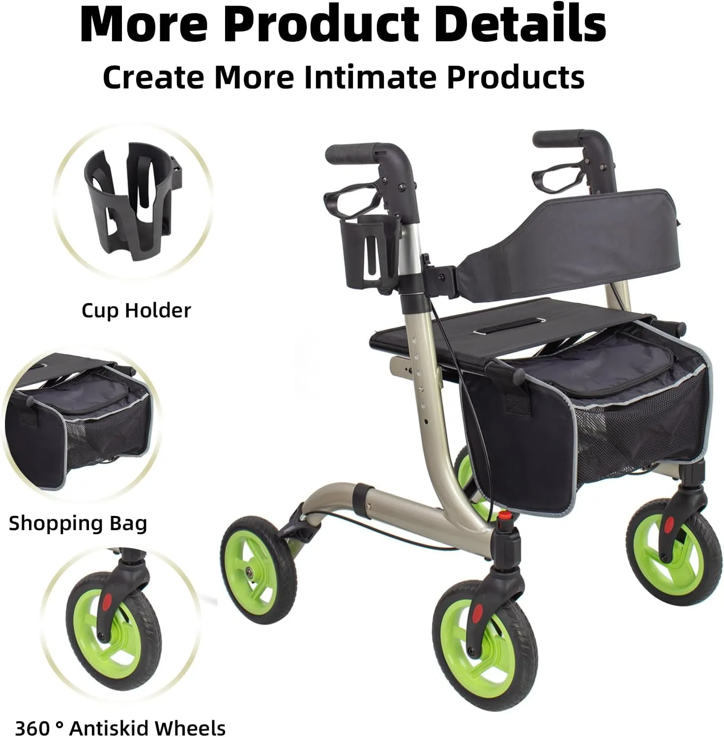 Rollator Walkers for Seniors- Rollator Walker with Cup Holder- Easy Folding Senior Walker with Backrest- Lightweight Mobility Walking Aid for Adult Elderly, Aluminum Frame, Champagne
