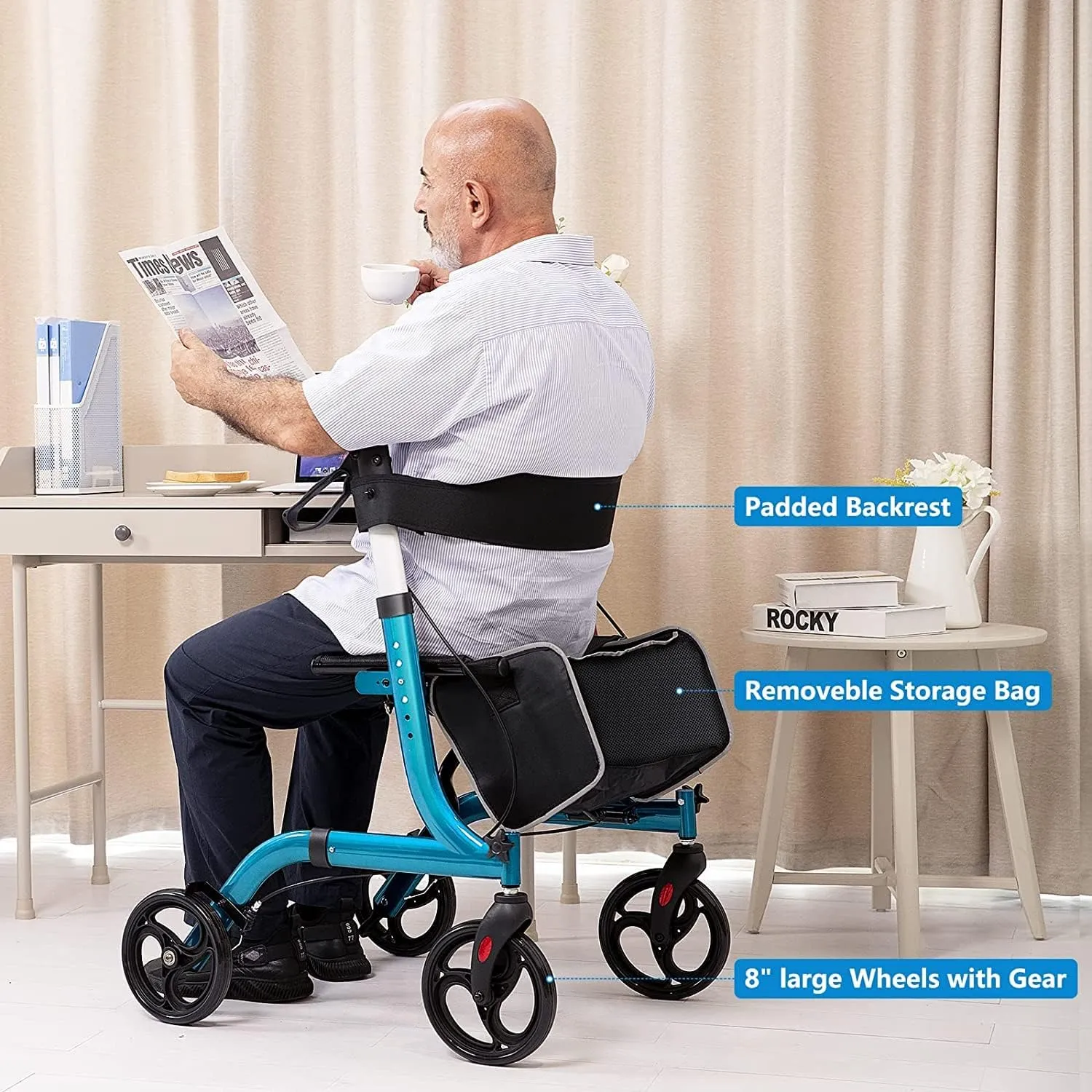 Rollator Walkers for Seniors- Rollator Walker with Seat 8" Wheels- Easy Folding Senior Walker with Backrest- Lightweight Mobility Walking Aid for Adult Elderly, Aluminum Frame, Blue