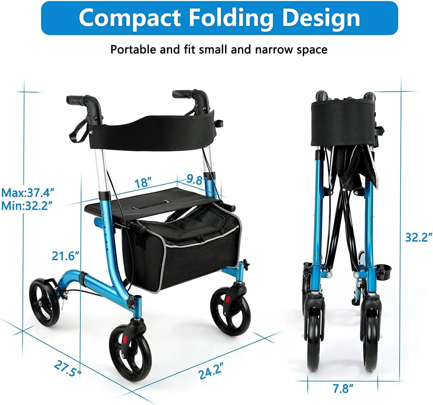 Rollator Walkers for Seniors- Rollator Walker with Seat 8" Wheels- Easy Folding Senior Walker with Backrest- Lightweight Mobility Walking Aid for Adult Elderly, Aluminum Frame, Blue