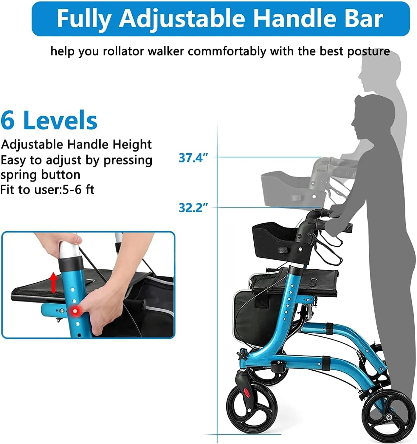 Rollator Walkers for Seniors- Rollator Walker with Seat 8" Wheels- Easy Folding Senior Walker with Backrest- Lightweight Mobility Walking Aid for Adult Elderly, Aluminum Frame, Blue