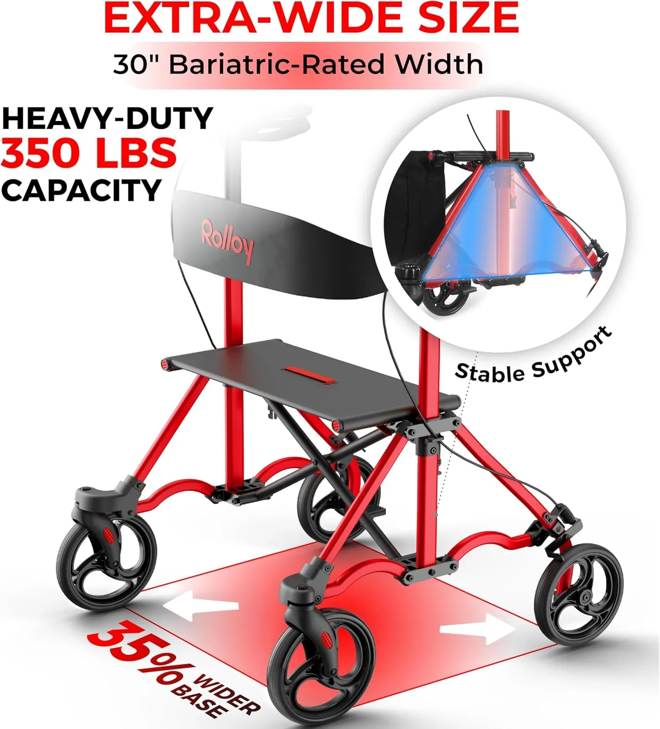 Rollator Walkers for Seniors with Seat, Aluminum Ultra-Compact Travel Rolling Walker, 350lbs Capacity, 22" Extra-Wide Seat for Bariatric, Easy Folding,Height Adjustable for Tall over 6ft,8" Big Wheels