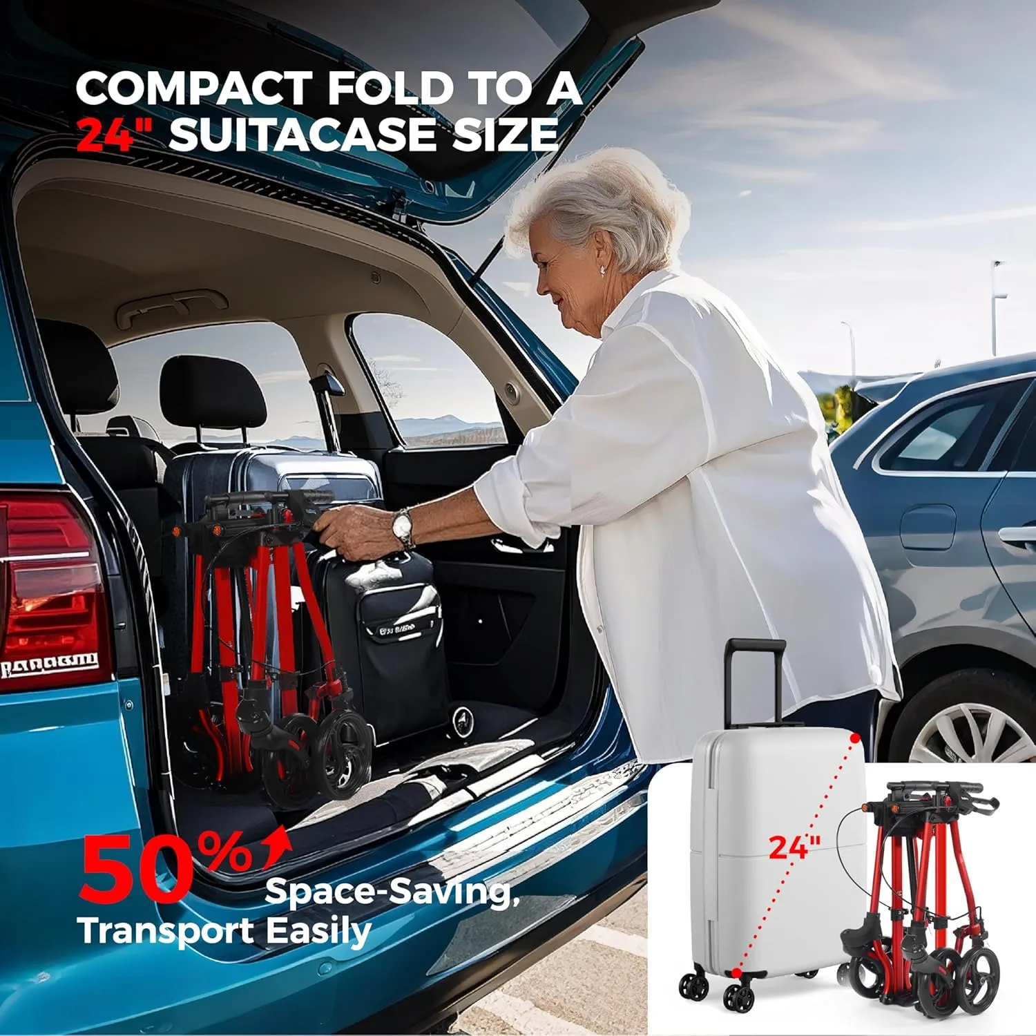 Rollator Walkers for Seniors with Seat, Aluminum Ultra-Compact Travel Rolling Walker, 350lbs Capacity, 22" Extra-Wide Seat for Bariatric, Easy Folding,Height Adjustable for Tall over 6ft,8" Big Wheels