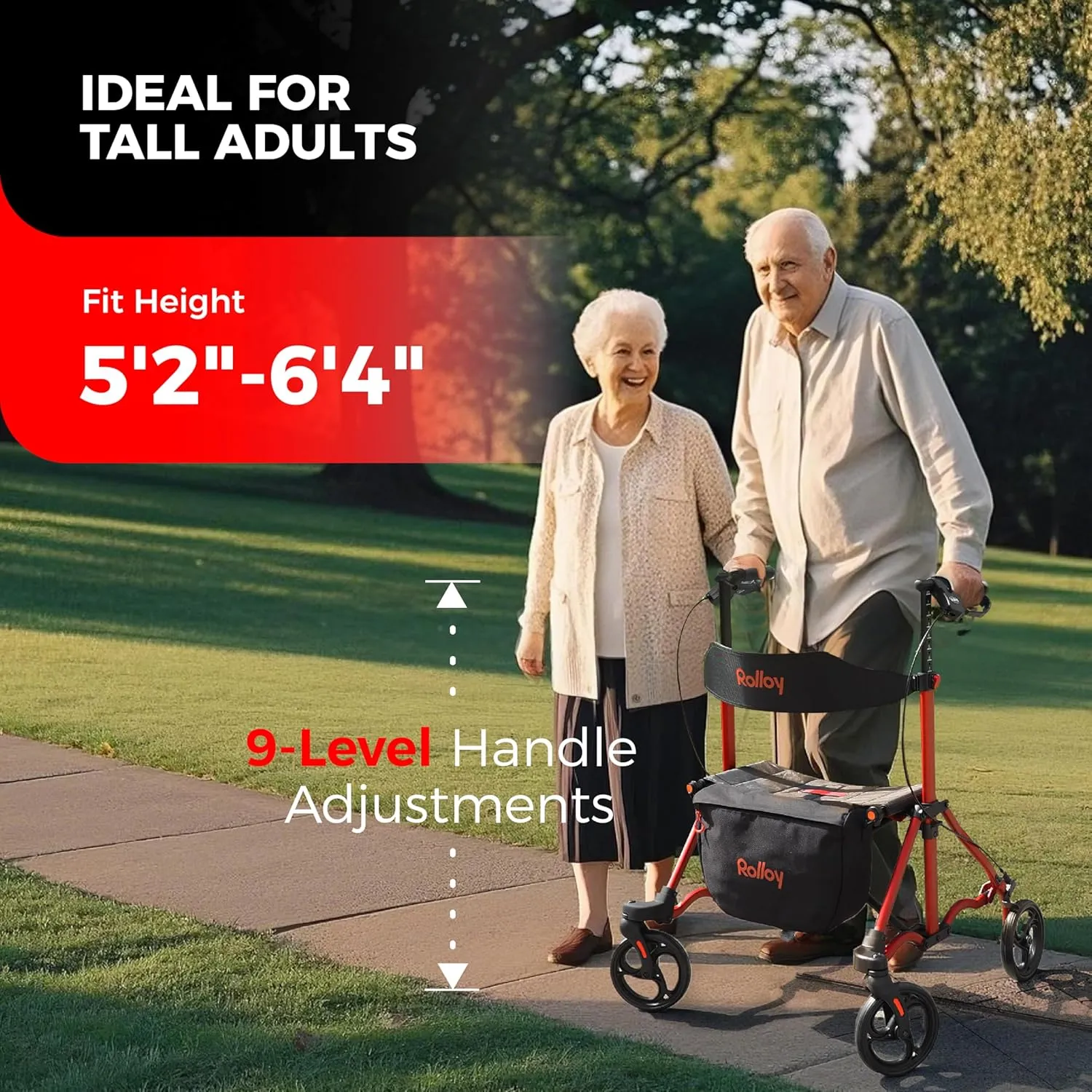Rollator Walkers for Seniors with Seat, Aluminum Ultra-Compact Travel Rolling Walker, 350lbs Capacity, 22" Extra-Wide Seat for Bariatric, Easy Folding,Height Adjustable for Tall over 6ft,8" Big Wheels