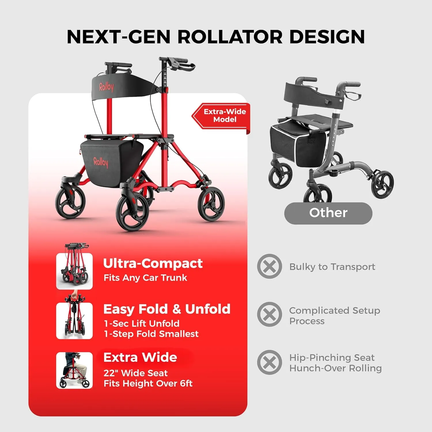 Rollator Walkers for Seniors with Seat, Aluminum Ultra-Compact Travel Rolling Walker, 350lbs Capacity, 22" Extra-Wide Seat for Bariatric, Easy Folding,Height Adjustable for Tall over 6ft,8" Big Wheels