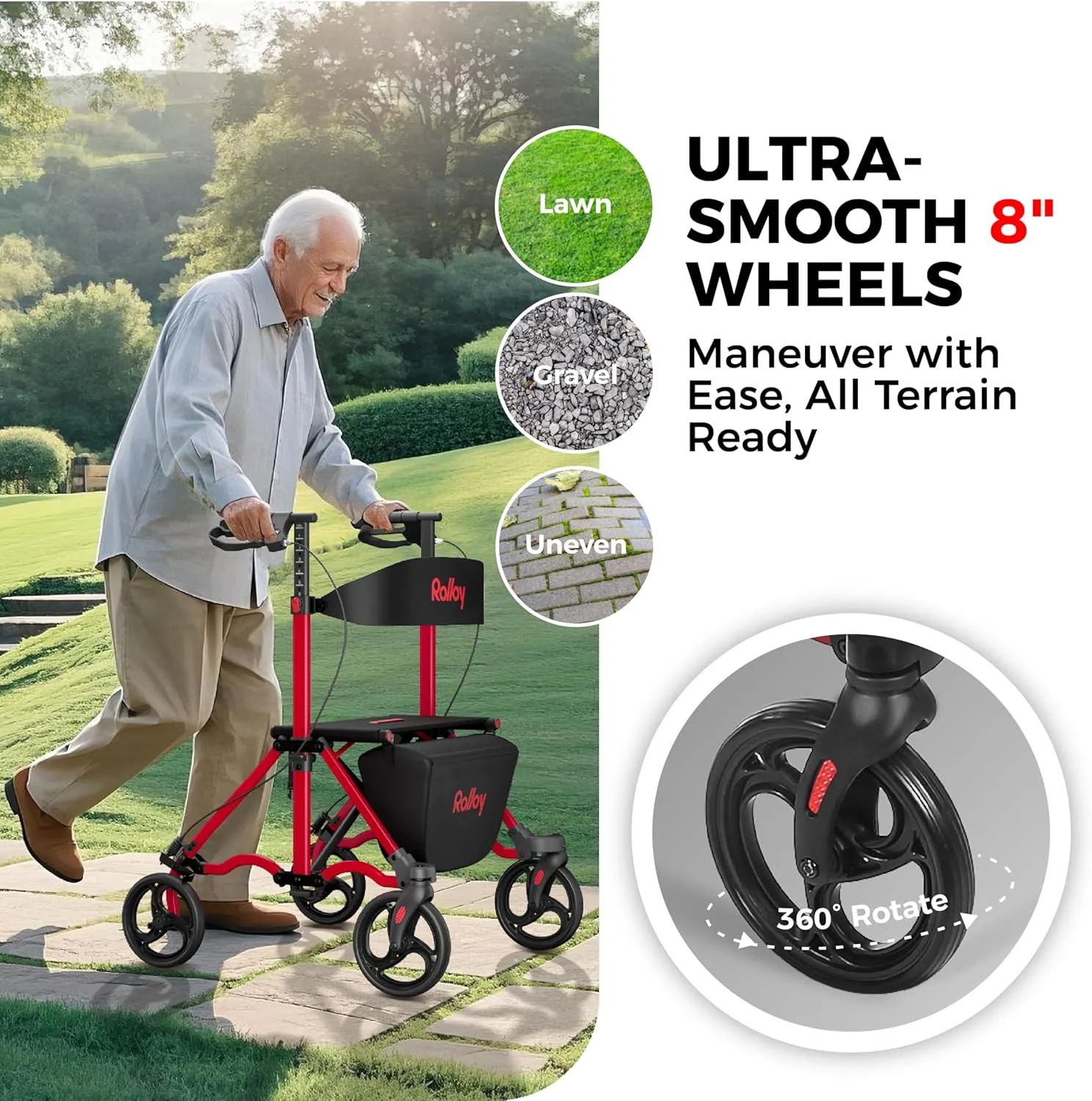 Rollator Walkers for Seniors with Seat, Aluminum Ultra-Compact Travel Rolling Walker, 350lbs Capacity, 22" Extra-Wide Seat for Bariatric, Easy Folding,Height Adjustable for Tall over 6ft,8" Big Wheels