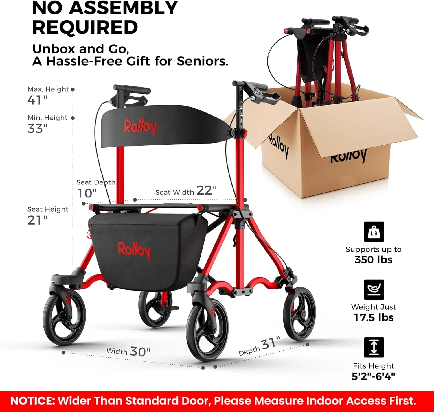 Rollator Walkers for Seniors with Seat, Aluminum Ultra-Compact Travel Rolling Walker, 350lbs Capacity, 22" Extra-Wide Seat for Bariatric, Easy Folding,Height Adjustable for Tall over 6ft,8" Big Wheels