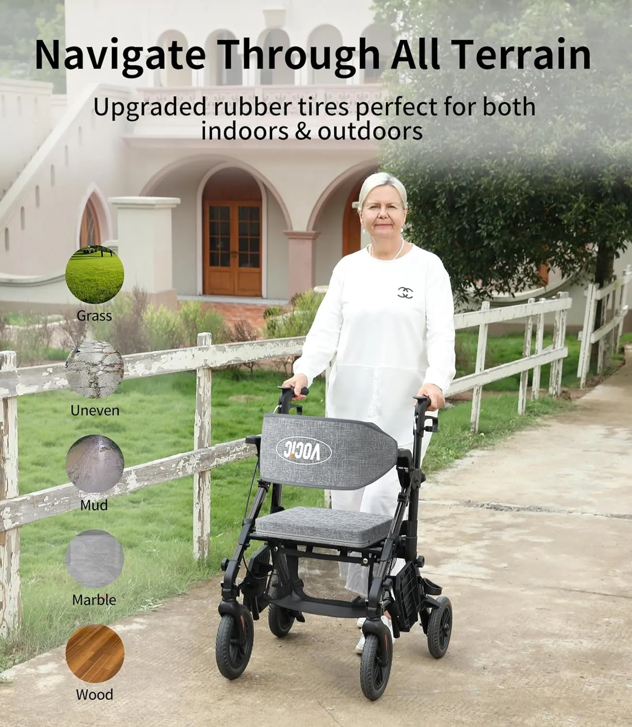 Rollator-Walkers-for-Seniors-with-Seat, Walker Wheelchair Combo, Transport-Wheelchair-Lightweight-Foldable, Adult Walkers All Terrain, 2 in 1 Rolling Walker Chair with Brakes & Pouch-2024 New