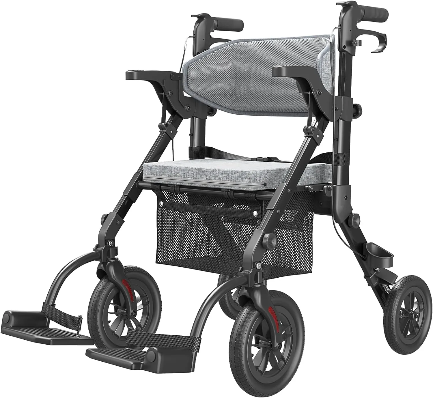 Rollator-Walkers-for-Seniors-with-Seat, Walker Wheelchair Combo, Transport-Wheelchair-Lightweight-Foldable, Adult Walkers All Terrain, 2 in 1 Rolling Walker Chair with Brakes & Pouch-2024 New