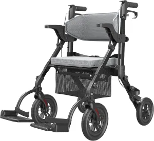 Rollator-Walkers-for-Seniors-with-Seat, Walker Wheelchair Combo, Transport-Wheelchair-Lightweight-Foldable, Adult Walkers All Terrain, 2 in 1 Rolling Walker Chair with Brakes & Pouch-2024 New