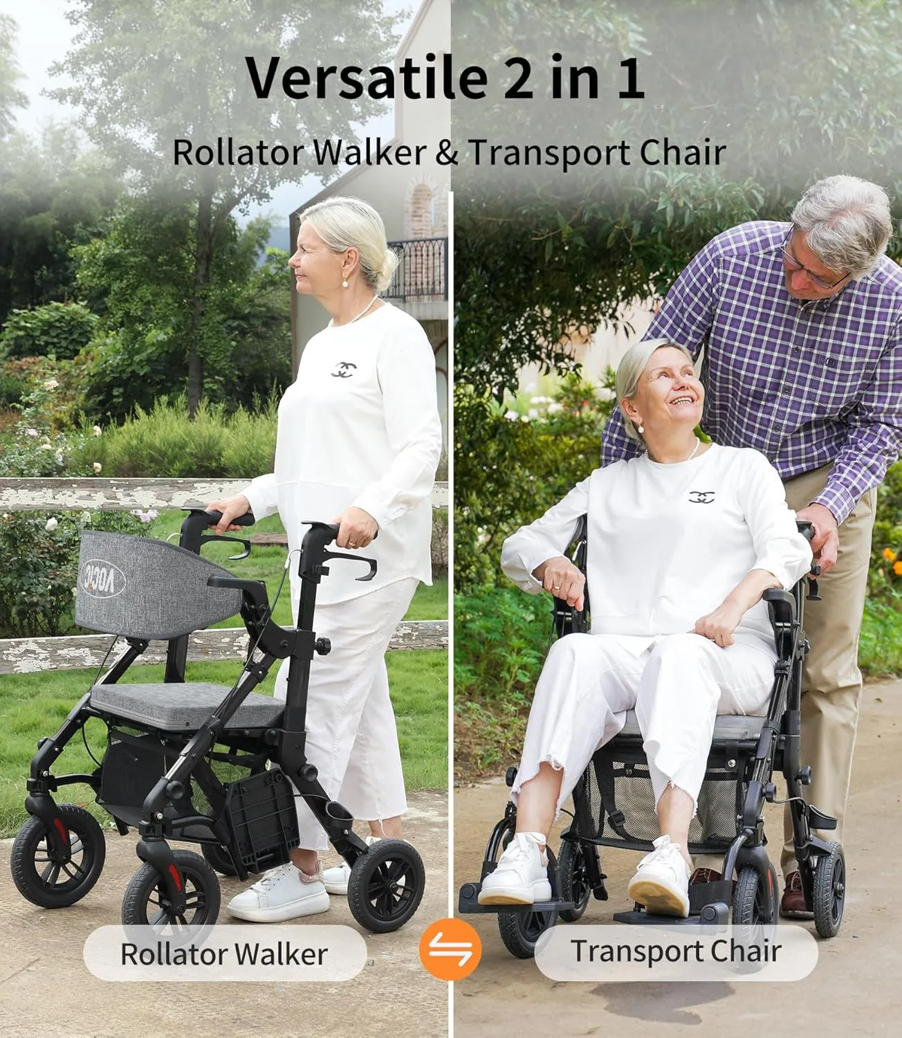 Rollator-Walkers-for-Seniors-with-Seat, Walker Wheelchair Combo, Transport-Wheelchair-Lightweight-Foldable, Adult Walkers All Terrain, 2 in 1 Rolling Walker Chair with Brakes & Pouch-2024 New