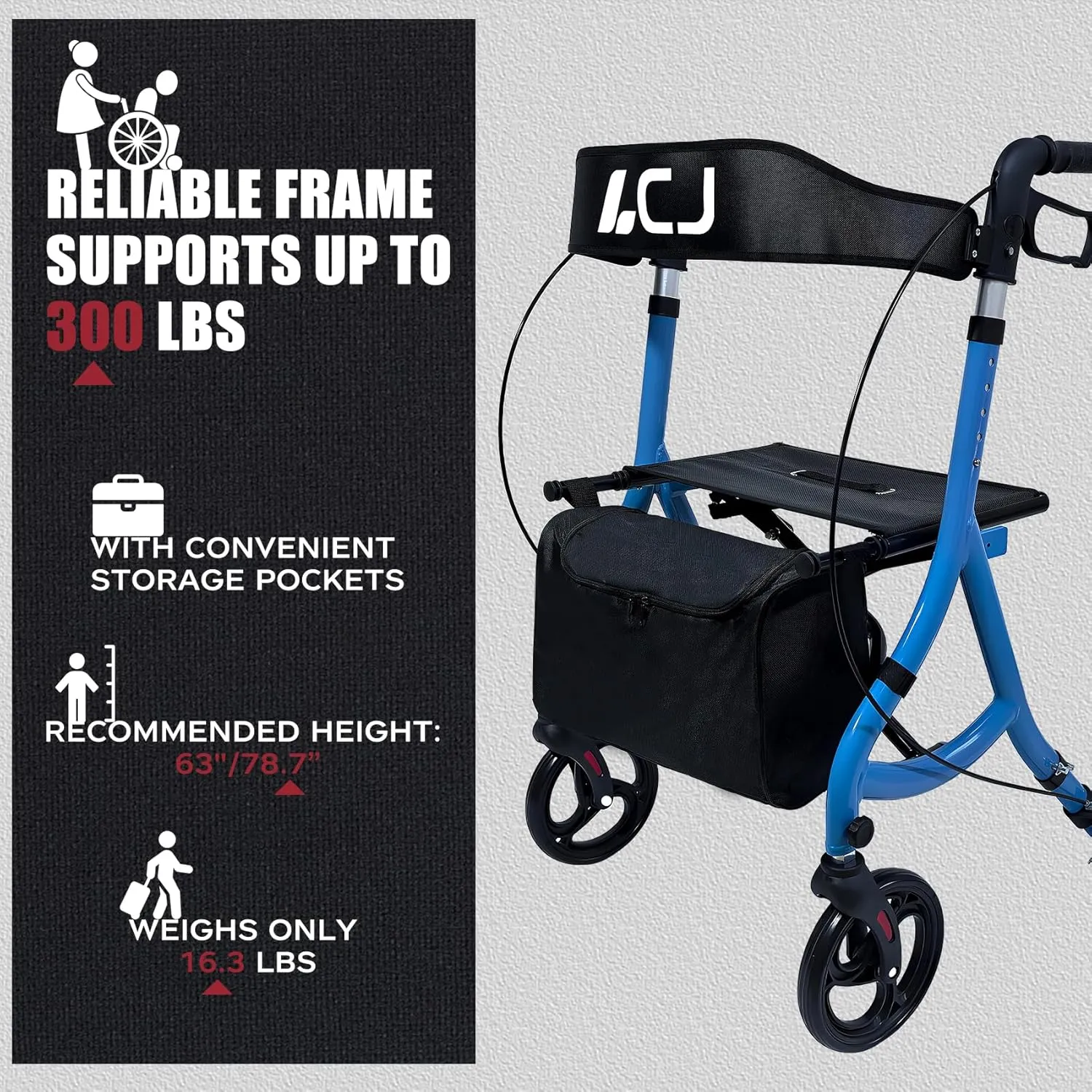 Rollator Walkers for Seniors with Seat,8" Front Wheel,Foldable Rollator Walker,Equipped with Shopping Bag,Height-Adjustable Seat,Supports up to 300 lbs(Blue-Shock-Absorbing Design)