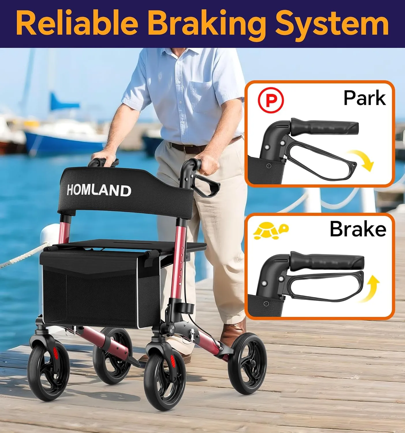 Rollator Walkers with Seat for Seniors, FSA/HSA 350 lbs Foldable Walker, 8" All Terrain Aluminum Compact Lightweight Wheeled Rolling Walker - Burgundy