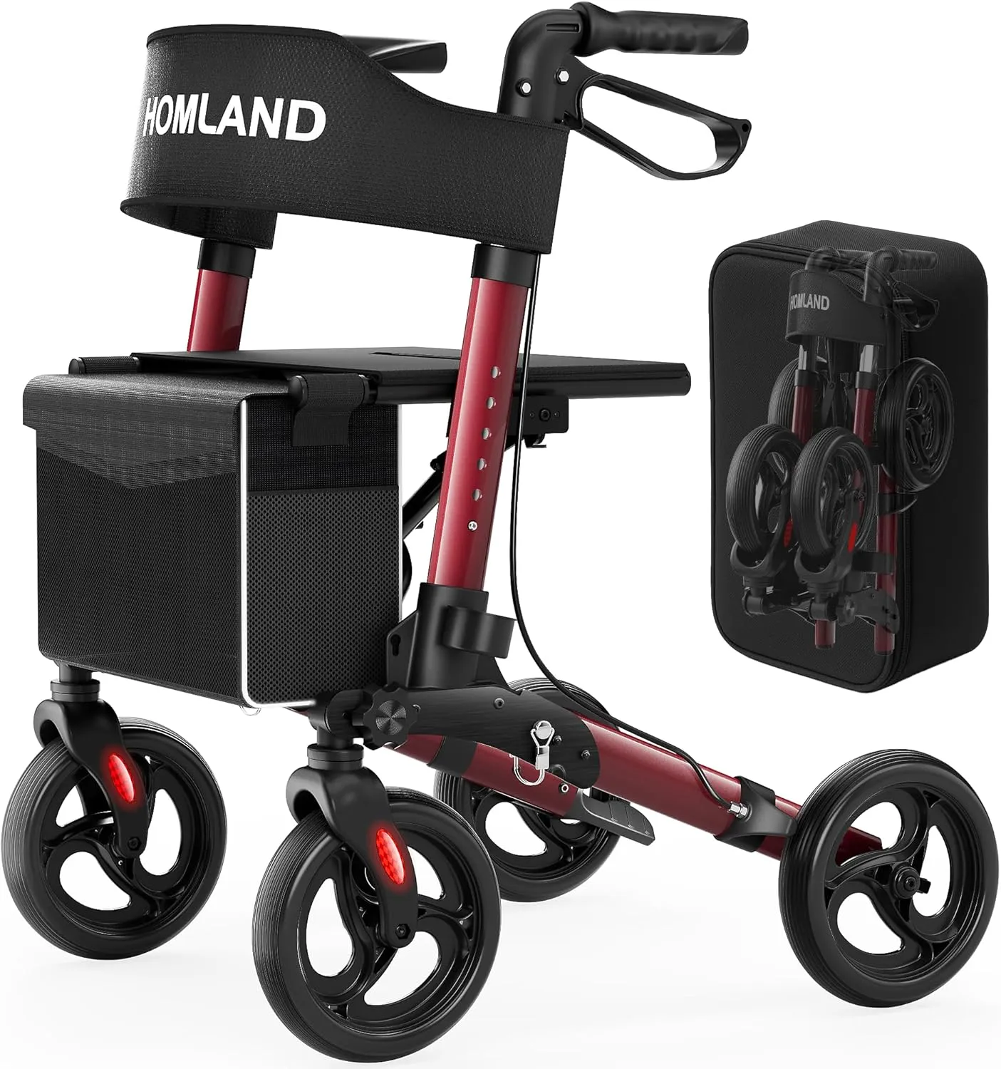 Rollator Walkers with Seat for Seniors, FSA/HSA 350 lbs Foldable Walker, 8" All Terrain Aluminum Compact Lightweight Wheeled Rolling Walker - Burgundy