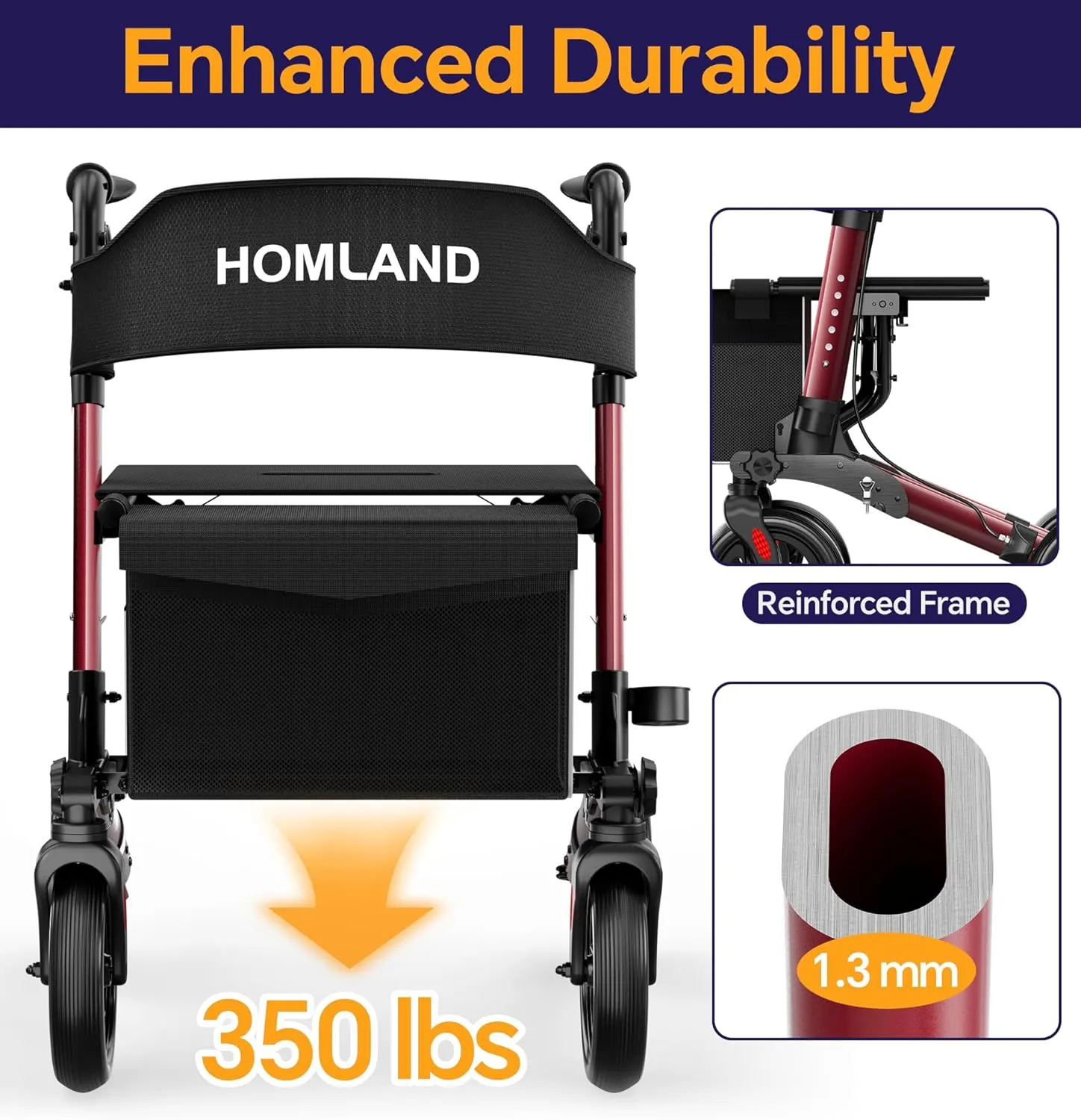 Rollator Walkers with Seat for Seniors, FSA/HSA 350 lbs Foldable Walker, 8" All Terrain Aluminum Compact Lightweight Wheeled Rolling Walker - Burgundy