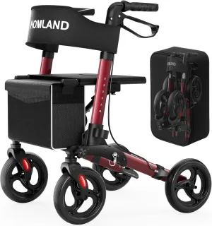 Rollator Walkers with Seat for Seniors, FSA/HSA 350 lbs Foldable Walker, 8" All Terrain Aluminum Compact Lightweight Wheeled Rolling Walker - Burgundy