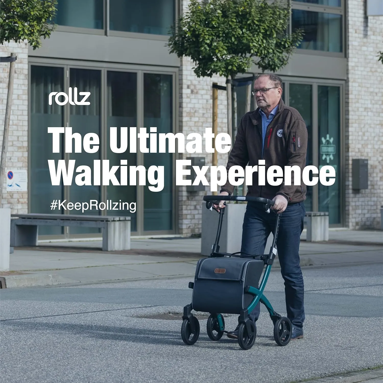 Rollz Flex 2 Pebble White - Upright Rollator with Seat - Lightweight Walker with Wheels - Folding Walker with Large Shopping Bag - Modern Design and Ultimate Support (Small)