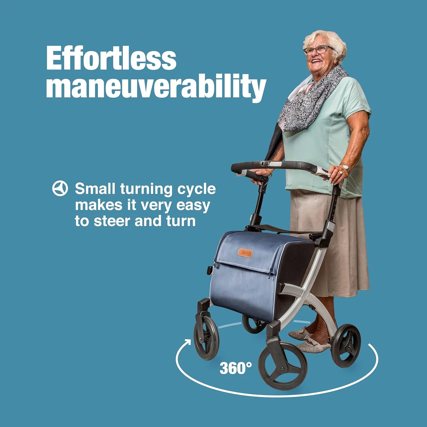 Rollz Flex 2 Pebble White - Upright Rollator with Seat - Lightweight Walker with Wheels - Folding Walker with Large Shopping Bag - Modern Design and Ultimate Support (Small)