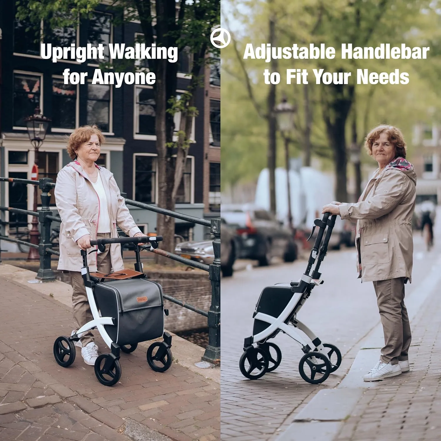Rollz Flex 2 Pebble White - Upright Rollator with Seat - Lightweight Walker with Wheels - Folding Walker with Large Shopping Bag - Modern Design and Ultimate Support (Small)