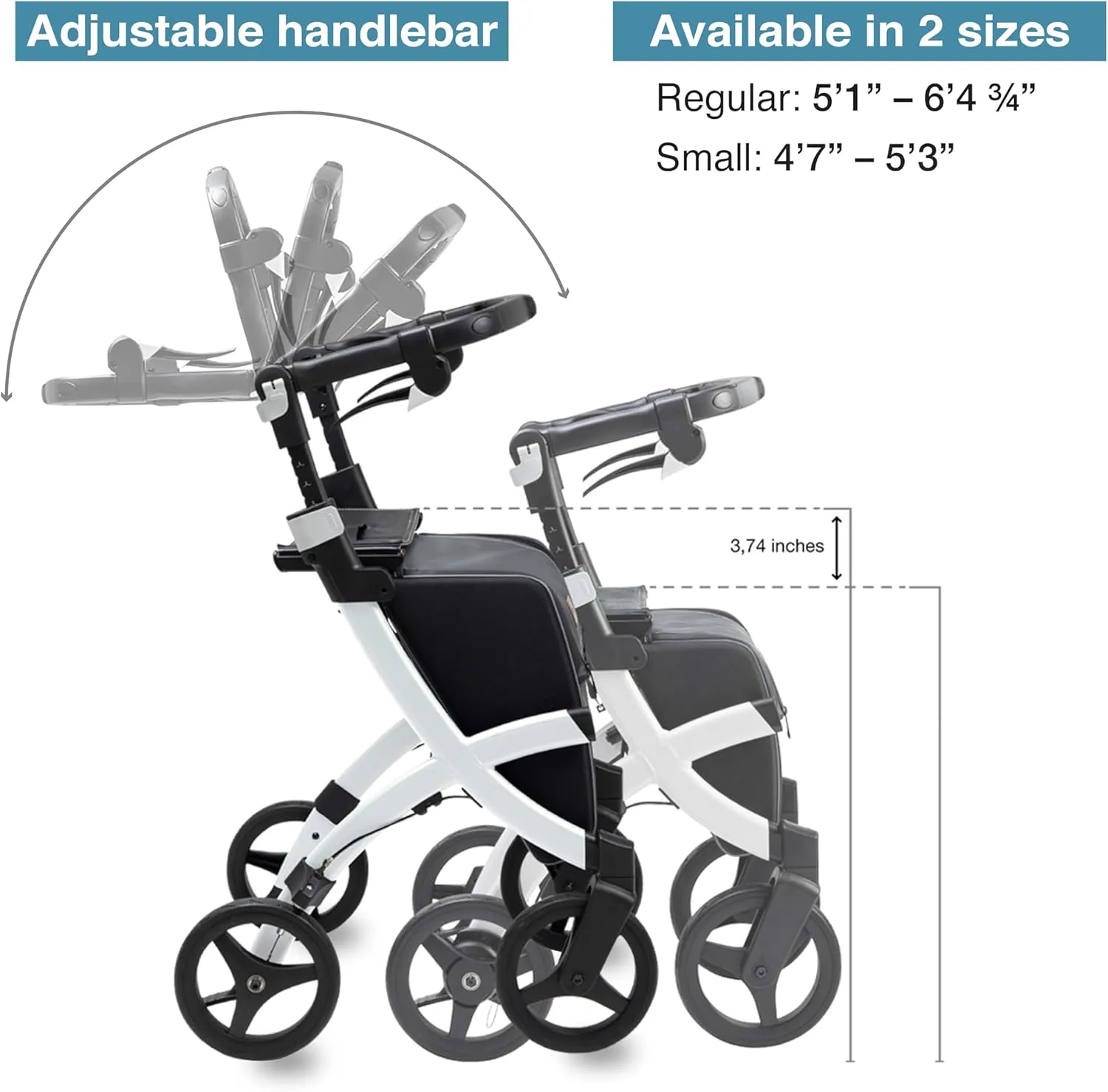 Rollz Flex 2 Pebble White - Upright Rollator with Seat - Lightweight Walker with Wheels - Folding Walker with Large Shopping Bag - Modern Design and Ultimate Support (Small)