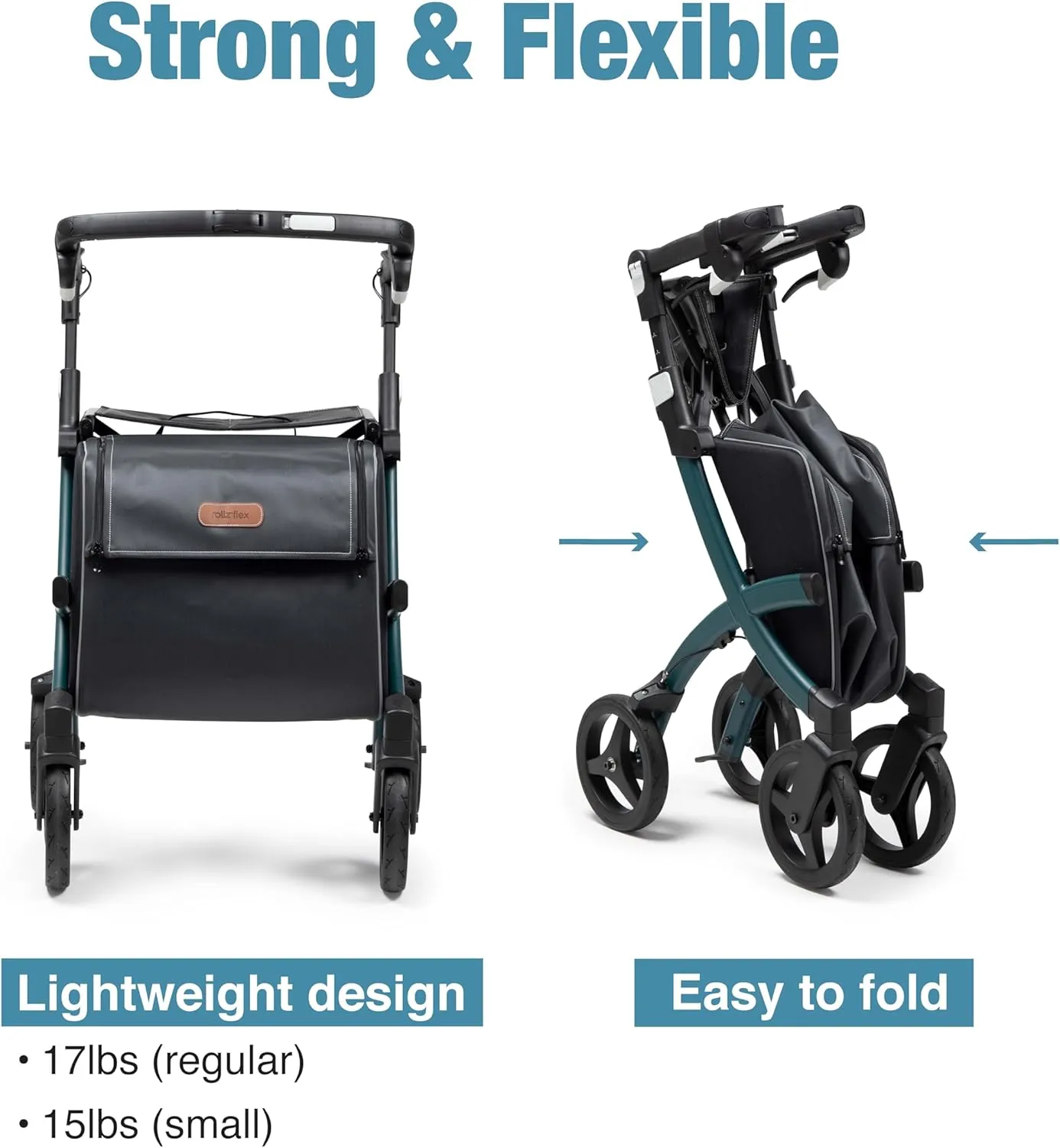 Rollz Flex 2 Pebble White - Upright Rollator with Seat - Lightweight Walker with Wheels - Folding Walker with Large Shopping Bag - Modern Design and Ultimate Support (Small)