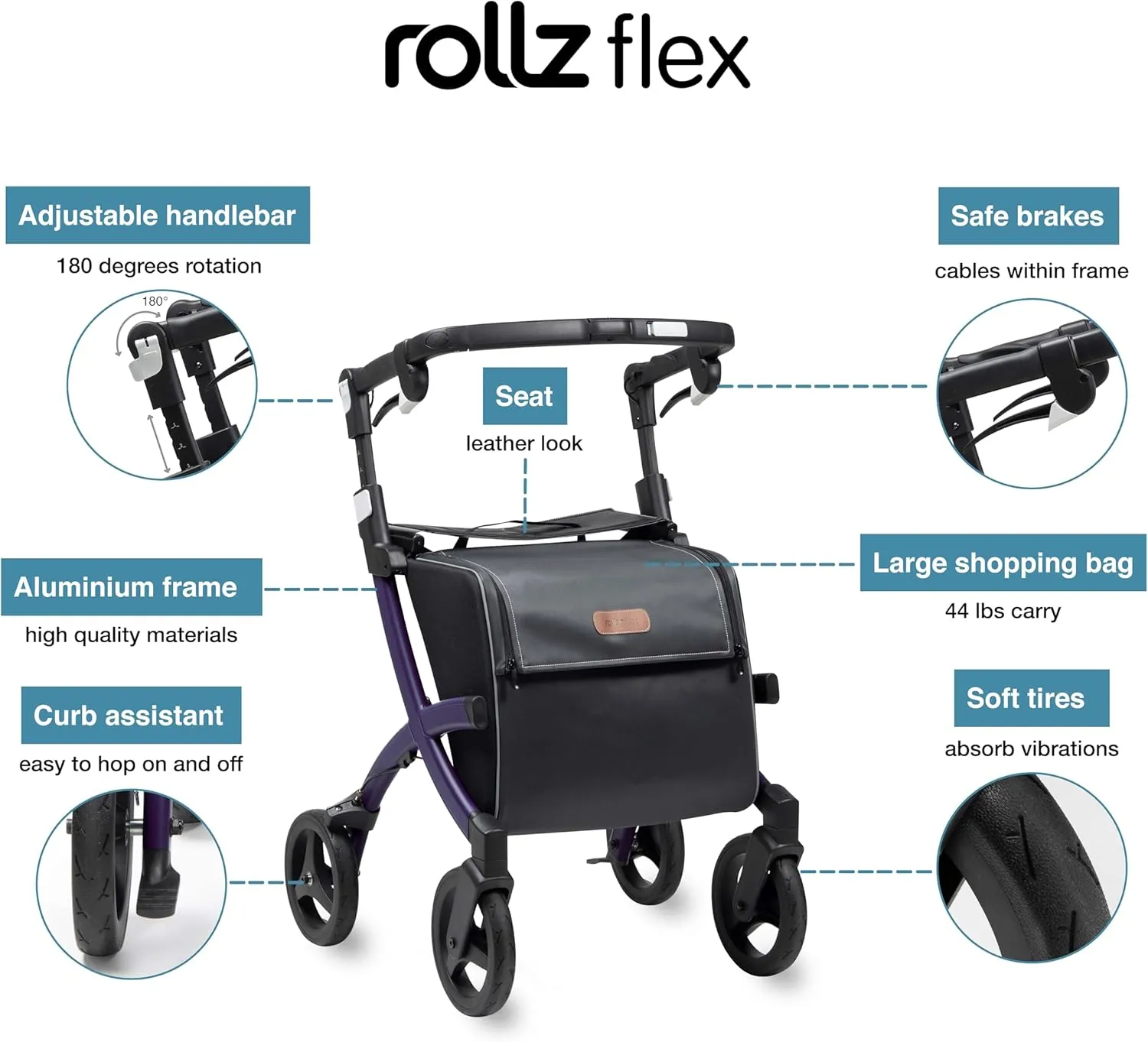 Rollz Flex 2 Pebble White - Upright Rollator with Seat - Lightweight Walker with Wheels - Folding Walker with Large Shopping Bag - Modern Design and Ultimate Support (Small)