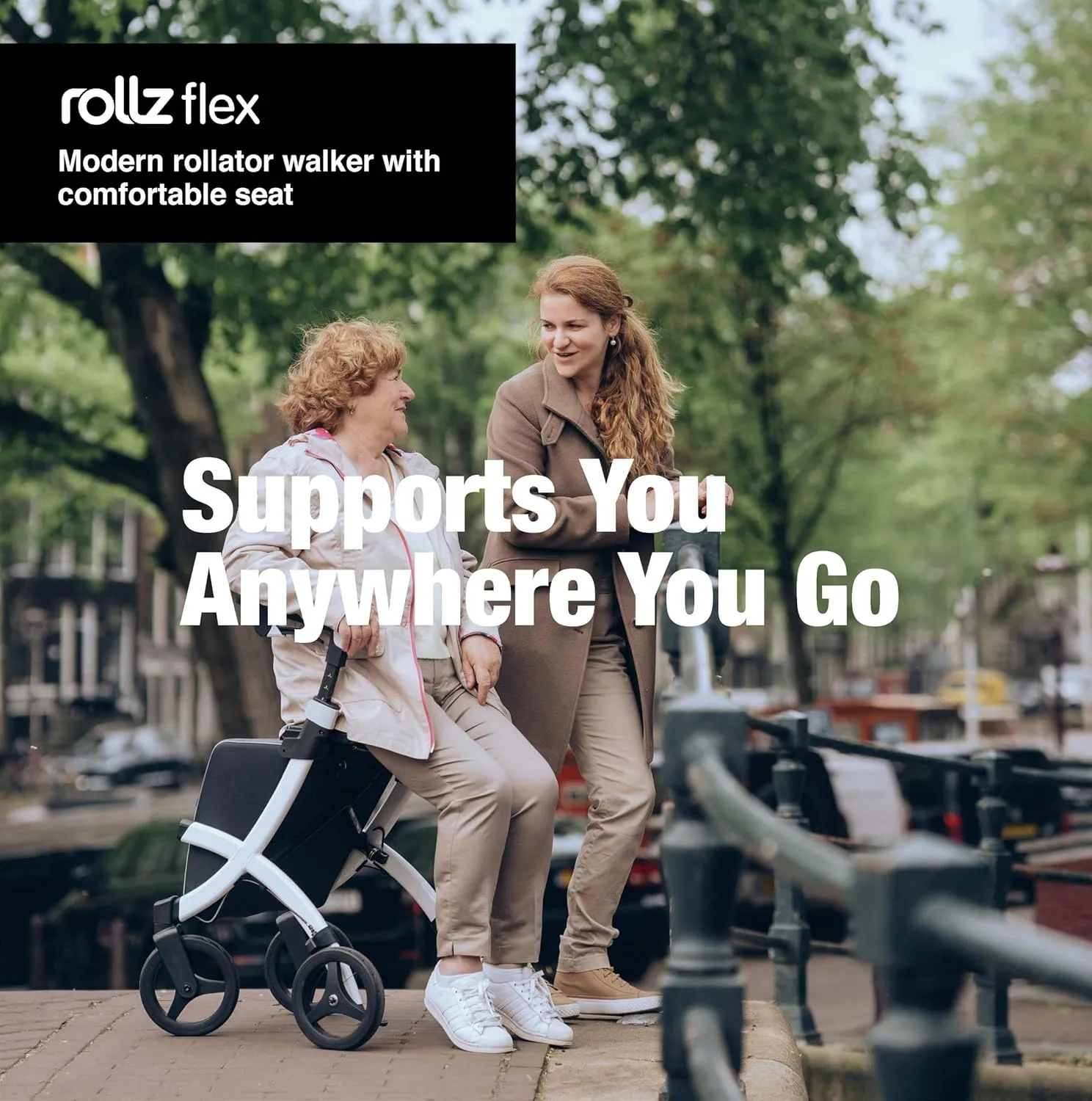 Rollz Flex 2 Pebble White - Upright Rollator with Seat - Lightweight Walker with Wheels - Folding Walker with Large Shopping Bag - Modern Design and Ultimate Support (Small)