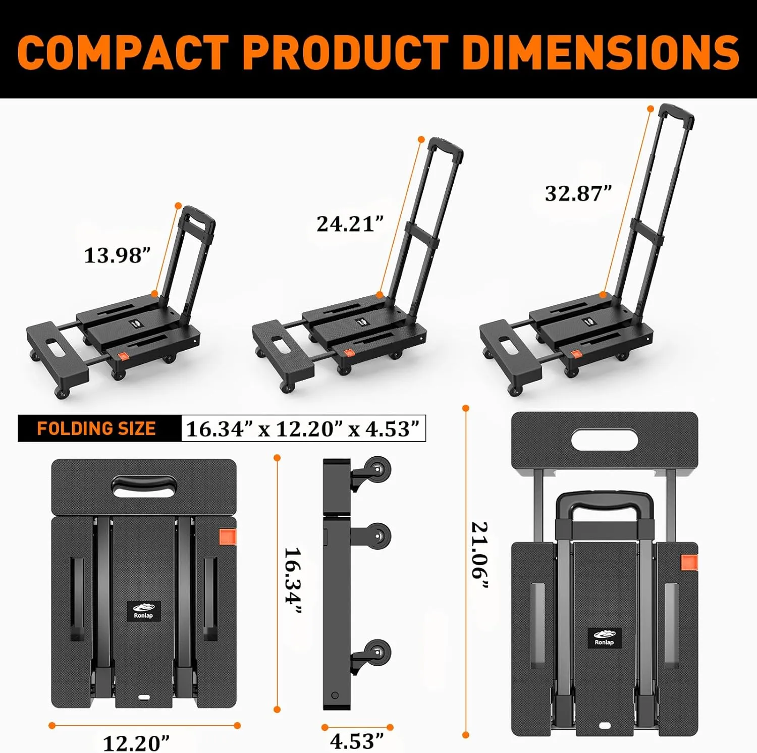 Ronlap Folding Hand Truck, Foldable Moving Dolly Cart with Wheels 500lbs Heavy Duty Luggage Cart Portable Hand Cart Collapsible Dolly with 6 Wheels & 2 Ropes for Airplane Travel House Moving, Black