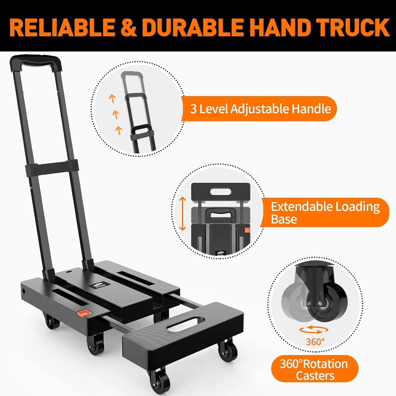 Ronlap Folding Hand Truck, Foldable Moving Dolly Cart with Wheels 500lbs Heavy Duty Luggage Cart Portable Hand Cart Collapsible Dolly with 6 Wheels & 2 Ropes for Airplane Travel House Moving, Black