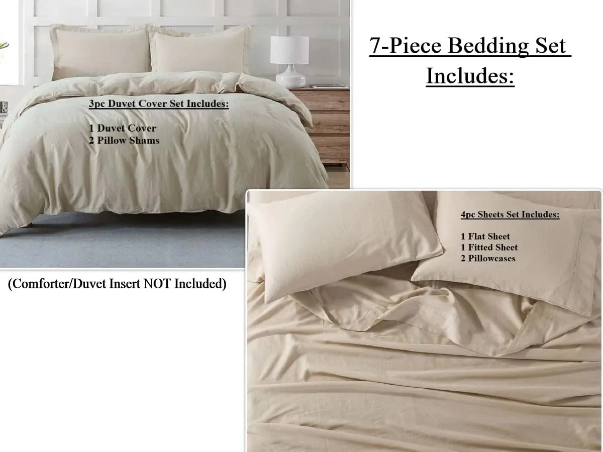Royal Tradition Belgian Flax Linen-Cotton Blend 7PC Bed Set Includes: Sheets Set with a Duvet Cover Set, Pre-Washed Linen Cotton, Breathable Percale Weave 150 GSM (Queen Size, Linen)