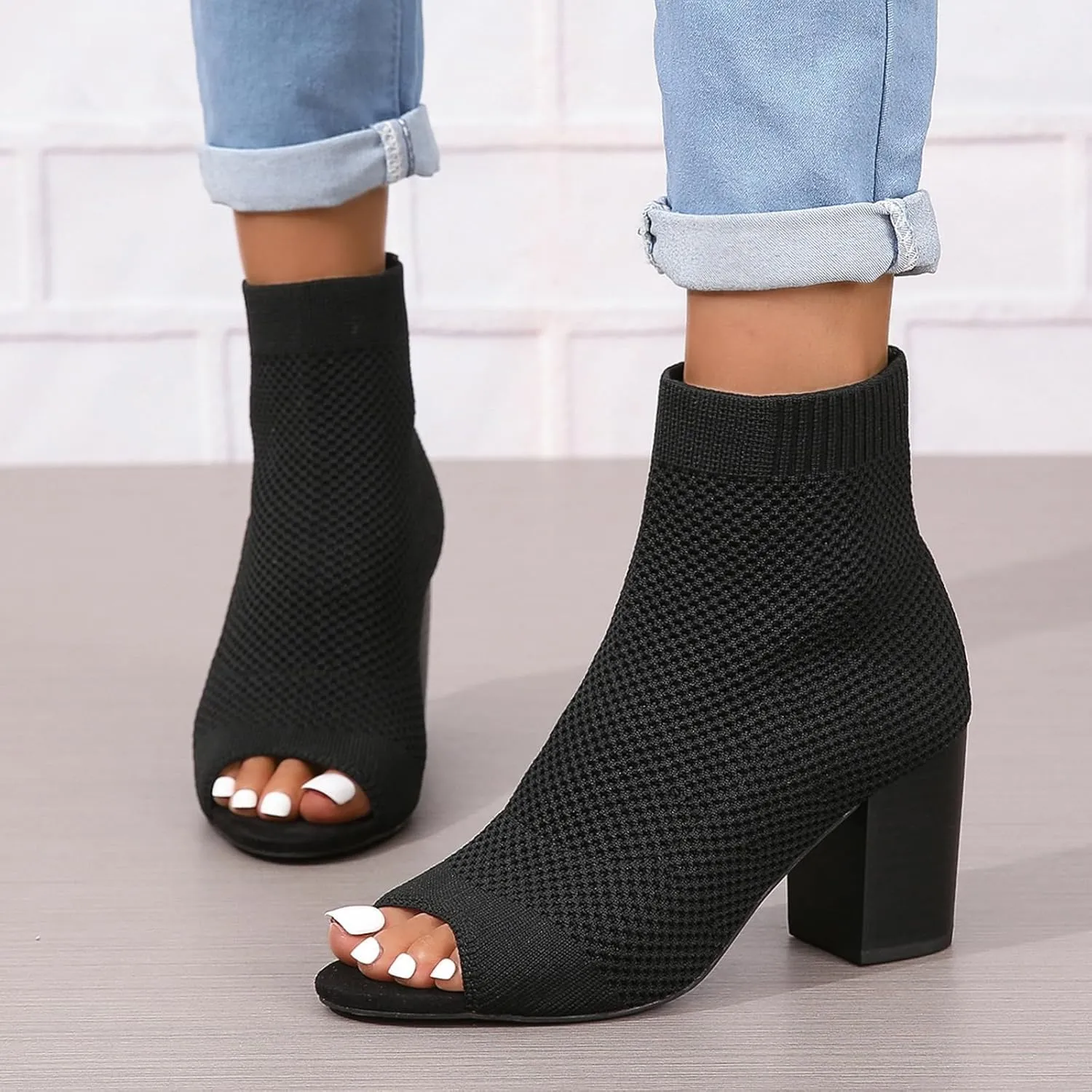 SACFOF Women's Knit Peep Toe Slingback Chunky Heel Ankle Boots Summer Breathable Slip On Dress Sock Heeled Sandals
