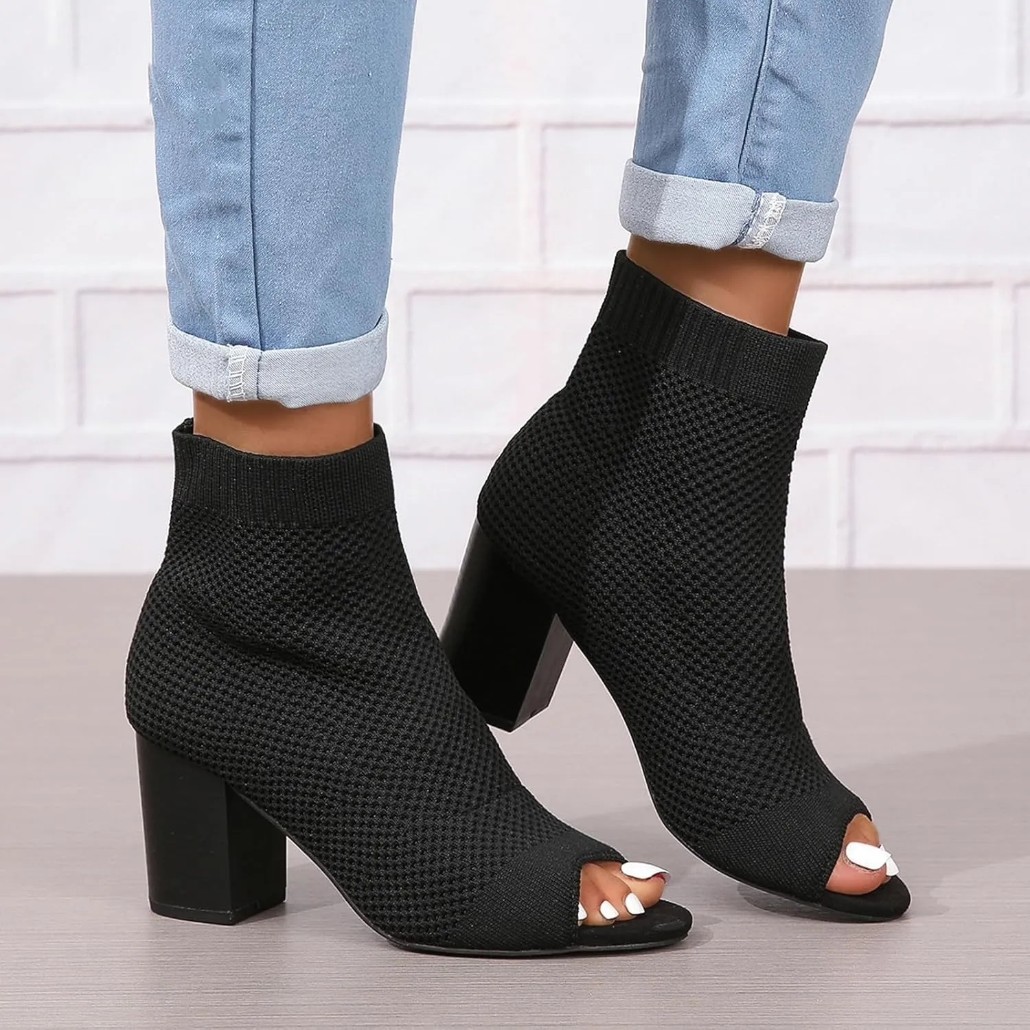 SACFOF Women's Knit Peep Toe Slingback Chunky Heel Ankle Boots Summer Breathable Slip On Dress Sock Heeled Sandals