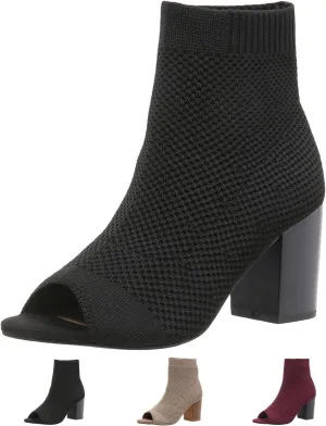 SACFOF Women's Knit Peep Toe Slingback Chunky Heel Ankle Boots Summer Breathable Slip On Dress Sock Heeled Sandals