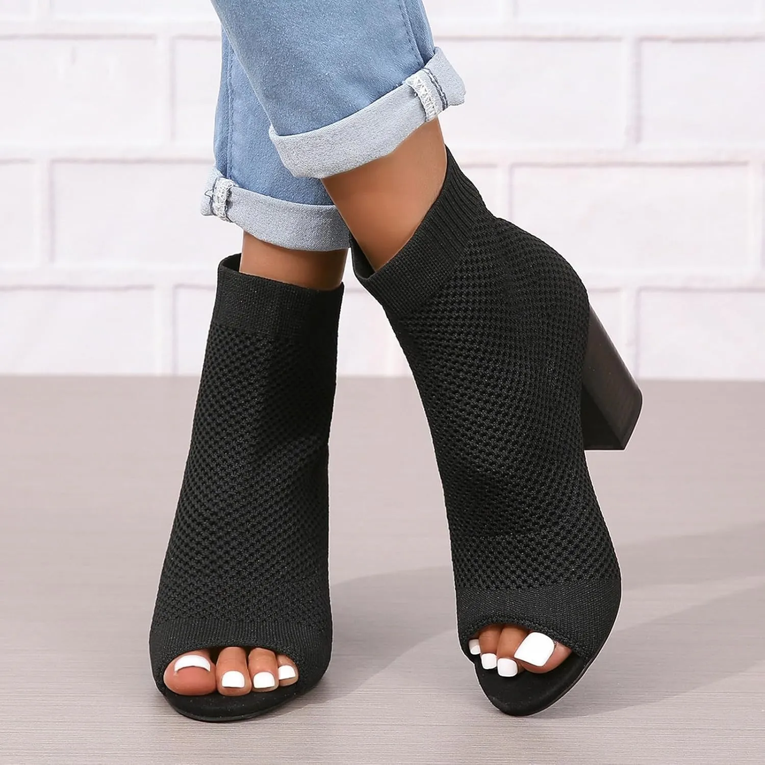 SACFOF Women's Knit Peep Toe Slingback Chunky Heel Ankle Boots Summer Breathable Slip On Dress Sock Heeled Sandals